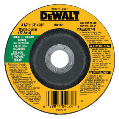 Type 27 Depressed Center Wheels, 4 1/2", 7/8" Arbor, C24R Grit, Silicon Carbide