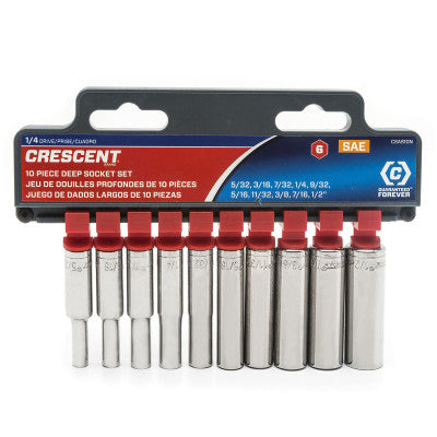 10 Piece 1/4 in Drive 6 Point Deep Socket Sets, 5/32 in - 1/2 in, SAE