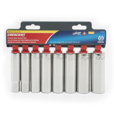 8 Piece 1/2 in Drive Deep Socket Sets, 6 Point, 1/2 in to 15/16 in, SAE