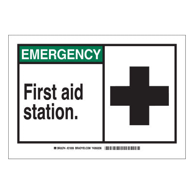 EMERGENCY First Aid Station Signs, 10w x 7h, Black/Green