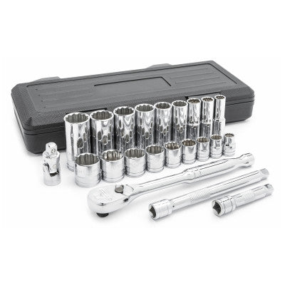 22 Pc. 12 Point Standard and Deep SAE Mechanics Tool Sets, 3/8 in Dr