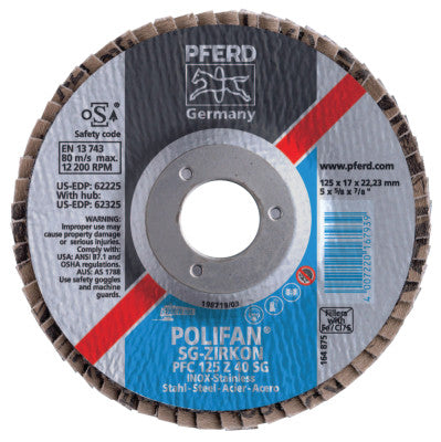 Type 27 POLIFAN SG Flap Discs, 5", 40 Grit, 7/8 Arbor, 12,200 rpm, Zirconia