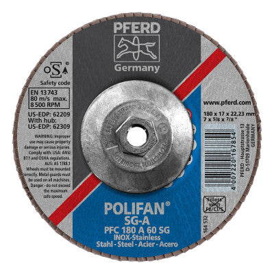 Type 29 POLIFAN SG Flap Discs, 7", 60 Grit, 5/8 Arbor, 8,500 rpm, Aluminum Oxide
