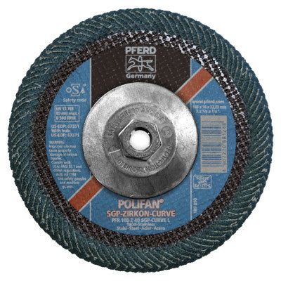 POLIFAN SGP Zirkon Curve Flap Discs, 7 in Dia, 40 Grit, 7/8 in Arbor, 8,600 rpm