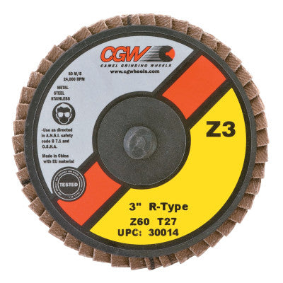 Flap Discs, Mini, Zirconia, Quick Change, Type R, 3 in, 60 Grit, 18,000 rpm