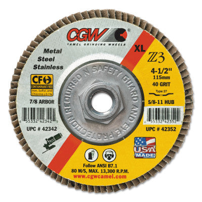 Flap Discs, Z3 -100% Zirconia, Regular, 7", 40 Grit, 5/8 Arbor, 8,600 rpm, T29