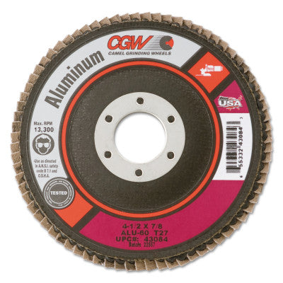 Flap Discs, Aluminum, Reg Thickness, T27, 4 1/2", 60 Grit, 7/8 Arbor, 13,300 rpm