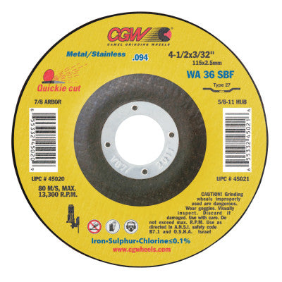 Thin Cut-Off Wheel, 4 1/2 in Dia, 3/32 in Thick, 7/8 Arbor, 36 Grit Alum. Oxide
