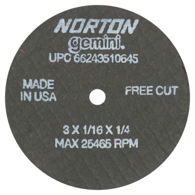 Gemini Reinforced Cut-Off Wheel, Type 1, 3 in Dia, 1/16 in Thick, 1/4 in Arbor