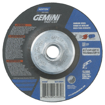 Gemini FastCut Depressed Center Wheel, 4 1/2 in Thick, Aluminum Oxide