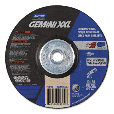 GEMiNi XXL Depressed Ctr Wheels, 6" Dia, 1/4" Thick, 5/8" Arbor, Alum Oxide