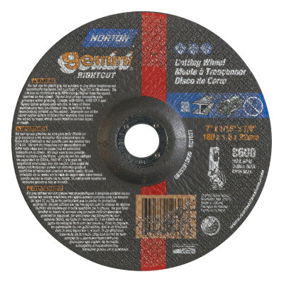 Type 27/42 Gemini RightCut Cut-Off Wheel, 7" Dia, 7/8" Arbor, 24 Grit