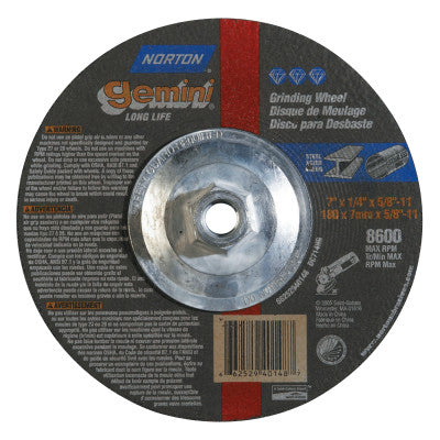 Gemini Depressed Center Wheel, 7" Dia, 1/4" Thick, 5/8" Arbor, 24 Grit