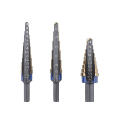 Cobalt Step Drill Sets, 1/8 in to 3/4 in Cutting Dia