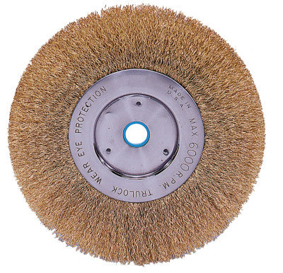 Narrow Face Crimped Wire Wheel, 6 in D x 1/2 in W, .0118 Brass Wire, 6,000 rpm