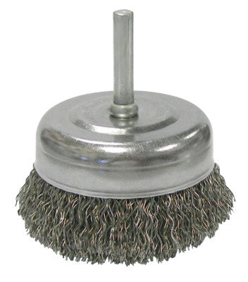 Stem-Mounted Crimped Wire Cup Brush, 2 1/2 in Dia., .014 in Steel