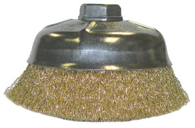 Crimped Wire Cup Brush, 5 in Dia., 5/8-11 UNC Arbor, Brass Wire