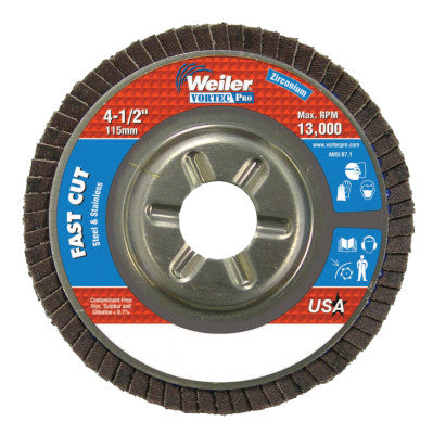 Vortec Pro Abrasive Flap Discs,4.5", 60 Grit, 7/8 Arbor, 13,000 rpm, Alum Back