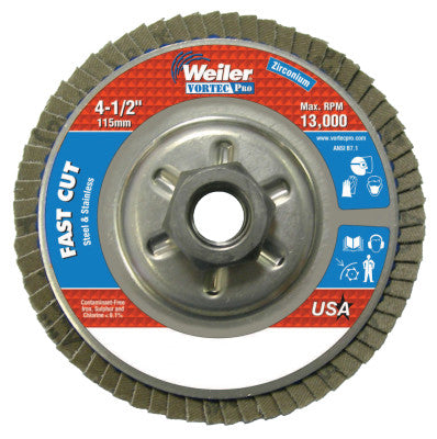 Vortec Pro Abrasive Flap Discs,4.5", 120 Grit, 5/8 Arbor, 13,000 rpm, Alum Back