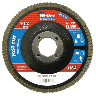 Vortec Pro Abrasive Flap Discs,4.5", 80 Grit, 7/8 Arbor, 13,000 rpm, Phenolic