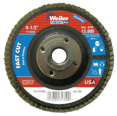 Vortec Pro Abrasive Flap Discs,4.5", 40 Grit, 5/8 Arbor, 13,000 rpm, Phenolic