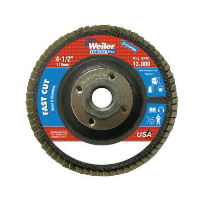 Vortec Pro Abrasive Flap Discs,4.5", 120 Grit, 5/8 Arbor, 13,000 rpm, Phenolic