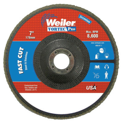 Vortec Pro Abrasive Flap Discs, 7", 40 Grit, 7/8 Arbor, 8,600 rpm, Phenolic