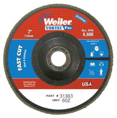 Vortec Pro Abrasive Flap Discs, 7", 60 Grit, 7/8 Arbor, 8,600 rpm, Phenolic