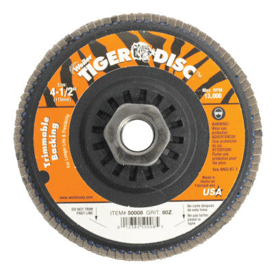 Trimmable Tiger Flap Discs, 4 1/2 in, 80 Grit, 5/8 Arbor, 13,000 rpm