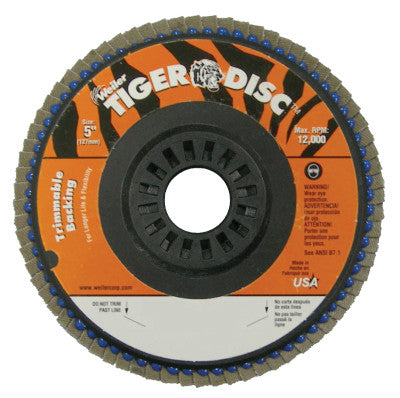 Trimmable Tiger Flap Discs, 5 in, 40 Grit, 7/8 in Arbor, 12,000 rpm