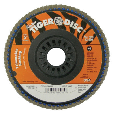 Trimmable Tiger Flap Discs, 5 in, 60 Grit, 7/8 in Arbor, 12,000 rpm