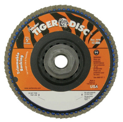 Trimmable Tiger Flap Discs, 5 in, 80 Grit, 5/8 Arbor, 12,000 rpm