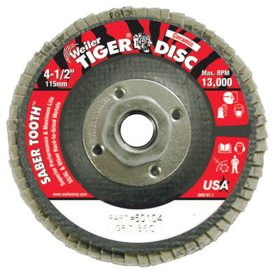 Saber Tooth Ceramic Flap Discs, 4 1/2 in, 36 Grit, 5/8 Arbor, 13,000 rpm