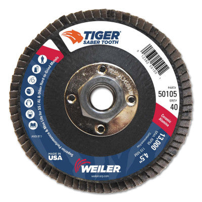 Saber Tooth Ceramic Flap Discs, 4 1/2 in, 40 Grit, 5/8 in Arbor, 13,000 rpm
