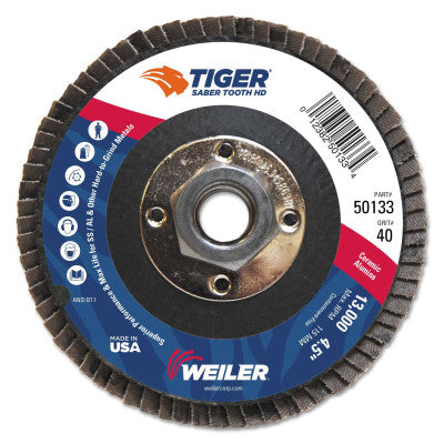 Saber Tooth Abrasive Flap Discs, Ceramic, 4 1/2 in Dia. x 5/8 in, 40 Grit