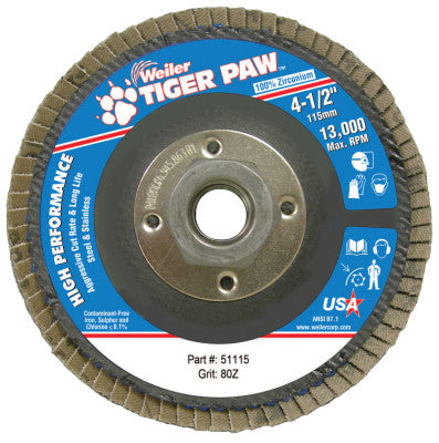 Tiger Paw Coated Abrasive Flap Discs, 4 1/2", 80 Grit, 5/8 Arbor, Phenolic Back