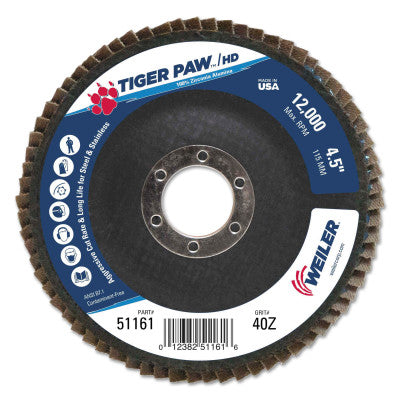 Tiger Paw Coated Abrasive Flap Discs, 4 1/2", 40 Grit, 7/8 Arbor, 12,000 rpm