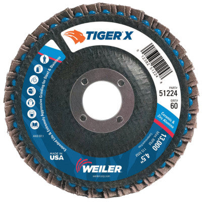 TIGER X Flap Disc, 4 1/2 in Flat, 60 Grit, 7/8 in Arbor