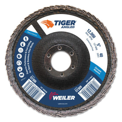 Tiger Zirconium Angled Flap Discs, 5 in Dia, 40 Grit, 12000 rpm