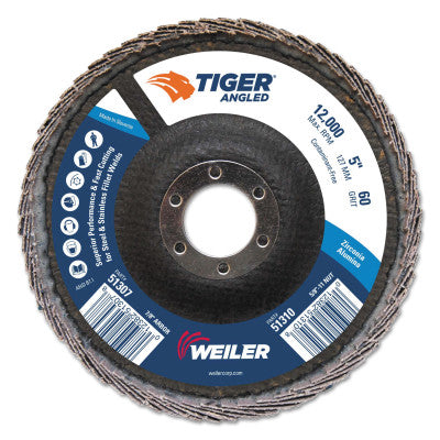 Tiger Zirconium Angled Flap Discs, 5 in Dia, 60 Grit, 12000 rpm