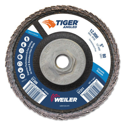 Tiger Zirconium Angled Flap Discs, 5 in Dia, 80 Grit, 5/8 in-11 Arbor, 12000 rpm