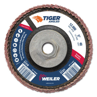 Tiger Ceramic Angled Flap Discs, 5 in Dia, 40 Grit, 5/8 in-11 Arbor, 12000 rpm