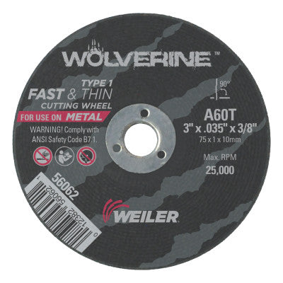Wolverine Thin Cutting Wheels, 3 in Dia, .035 in Thick, 60 Grit, Aluminum Oxide