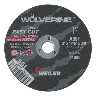 Wolverine Thin Cutting Wheels, 3 in Dia, 1/16 Thick, 3/8 Arbor, 36 Grit