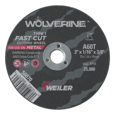 Wolverine Thin Cutting Wheels, 3 in Dia, 1/16 Thick, 3/8 Arbor, 60 Grit