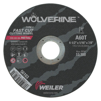 Wolverine Thin Cutting Wheels, 4 1/2 in Dia, 1/16 in Thick, 60 Grit, Alum Oxide