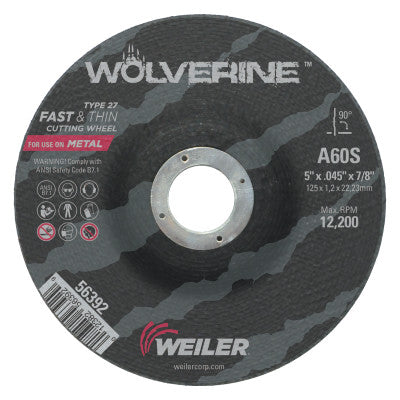 Wolverine Thin Cutting Wheels, 5 in Dia, .045 in Thick, 7/8 Arbor, 60 Grit