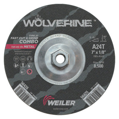 Wolverine Combo Wheels, 7 in Dia, 1/8 in Thick, 5/8 in Arbor, 24 Grit, T