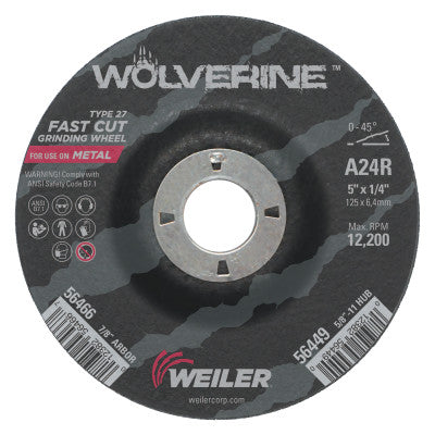 Wolverine Grinding Wheels, 5" Dia, 1/4" Thick, 7/8 Arbor, 24R, Aluminum Oxide