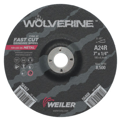 Wolverine Grinding Wheels, 7 in Dia, 1/4 in Thick, 7/8 in Arbor, 24 Grit, R